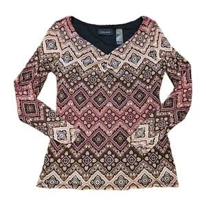 Vtg Y2K Babydoll Blouse Womens M Pink Geometric Mandala Mesh Groovy Retro Boho